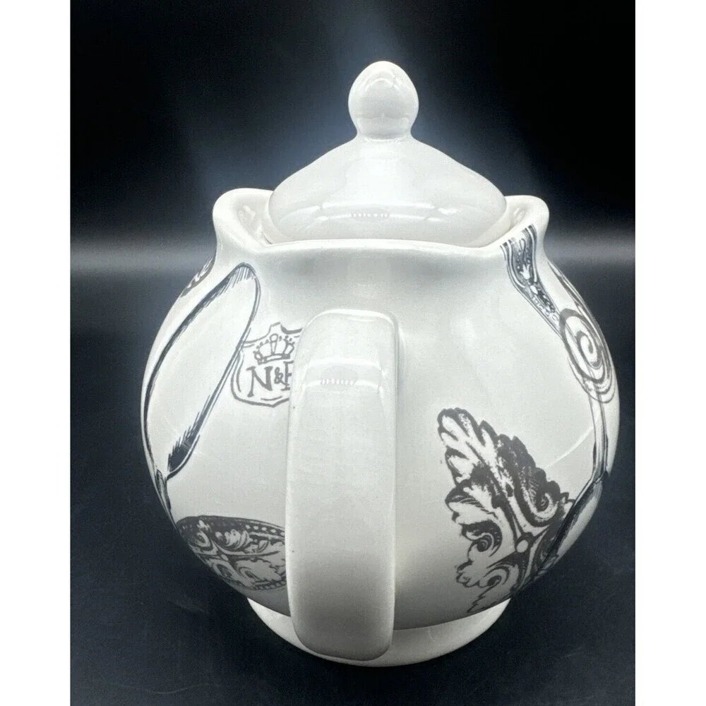 Magenta Exclusives White w/ Black Fork Spoon Knife Graphics Ceramic‎ Teapot 80oz